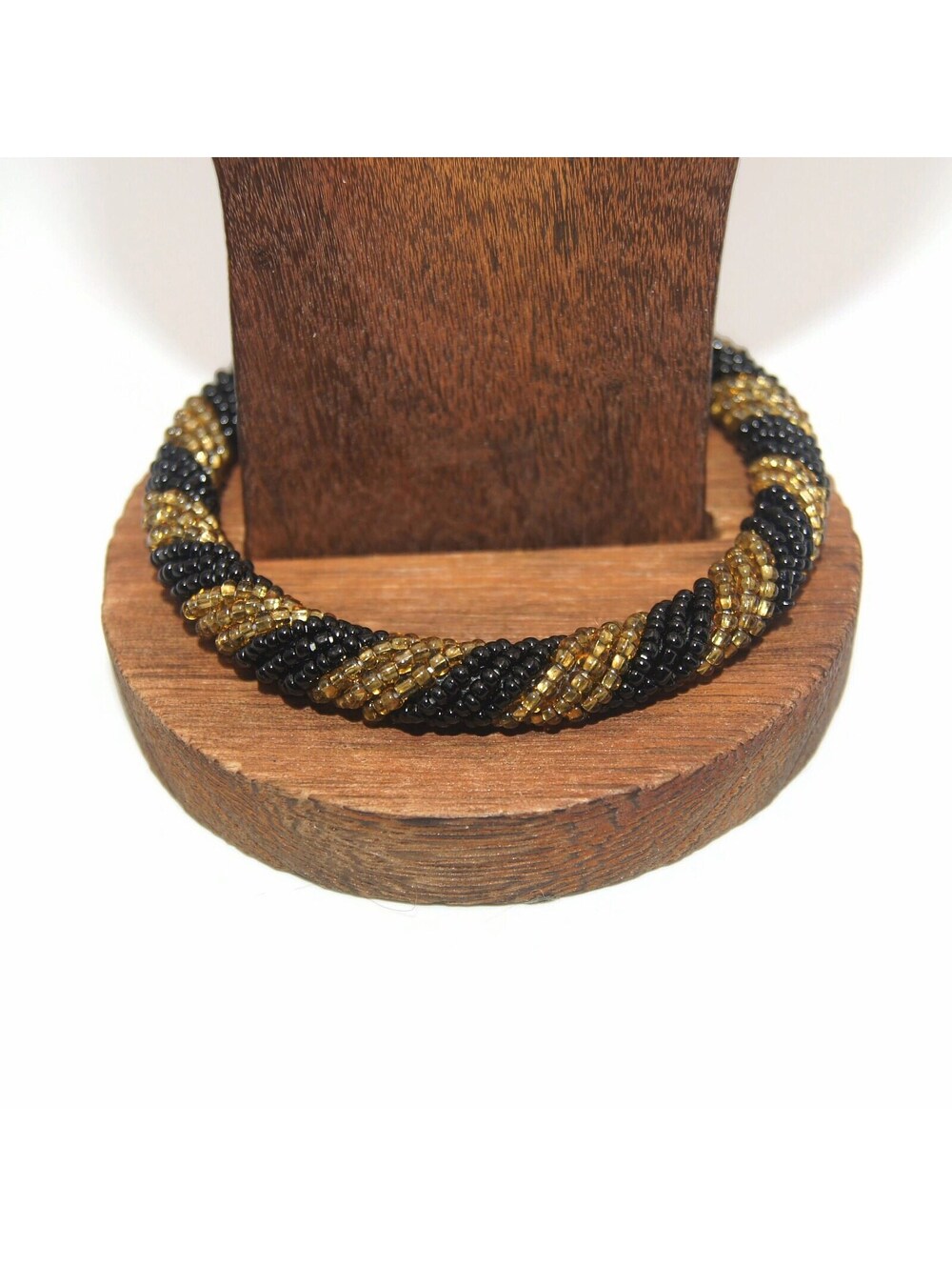 Vintage Gold Tone and Black Beaded 8 Inch Bangle Bracelet.